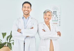 A woman receives an eye pressure screening from a healthcare professional using a handheld tonometer.